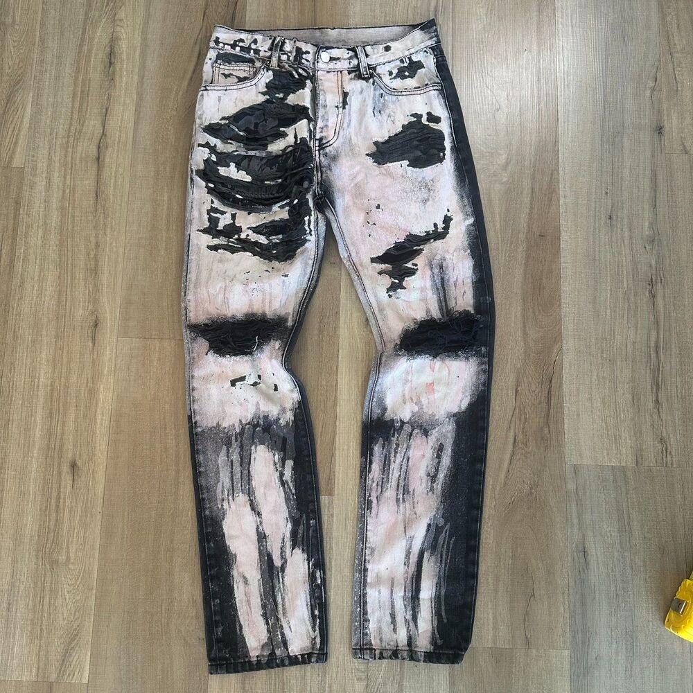 Acid Washed Thrashed Rock Slim Black Pink Denim Distressed Ripped 30